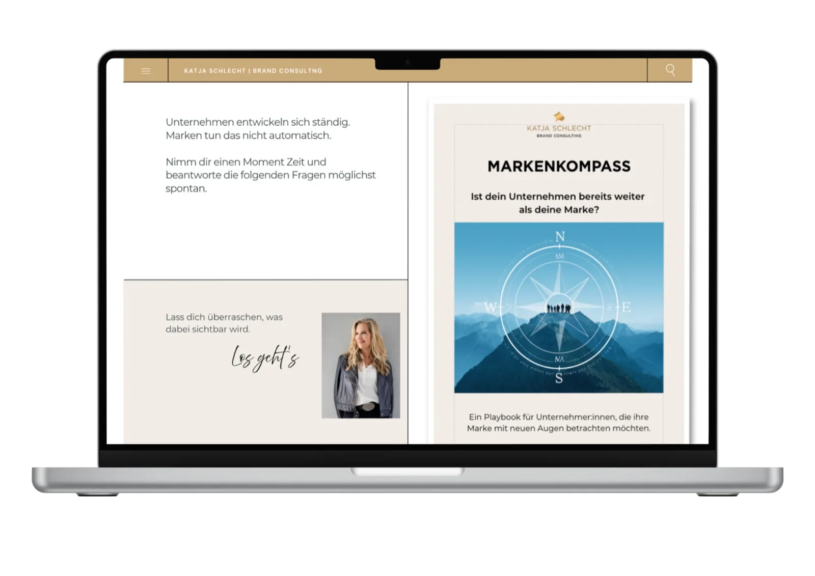 Laptop mit geöffnetem Markenkompass – dem kostenlosen Einstieg in die Markenentwicklung mit Katja Schlecht